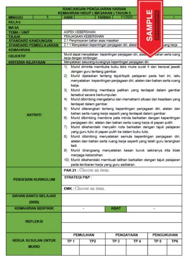 RPH dan RPT PPKI Kemahiran Hidup Masakan Tahun 5 TS25