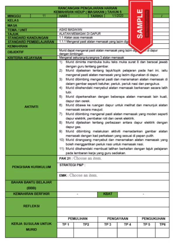 RPH dan RPT PPKI Kemahiran Hidup Masakan Tahun 5 TS25