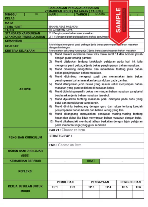 RPH dan RPT PPKI Kemahiran Hidup Masakan Tahun 5 TS25