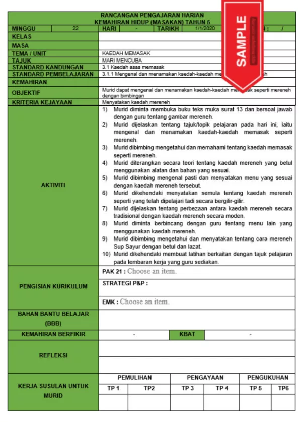 RPH dan RPT PPKI Kemahiran Hidup Masakan Tahun 5 TS25