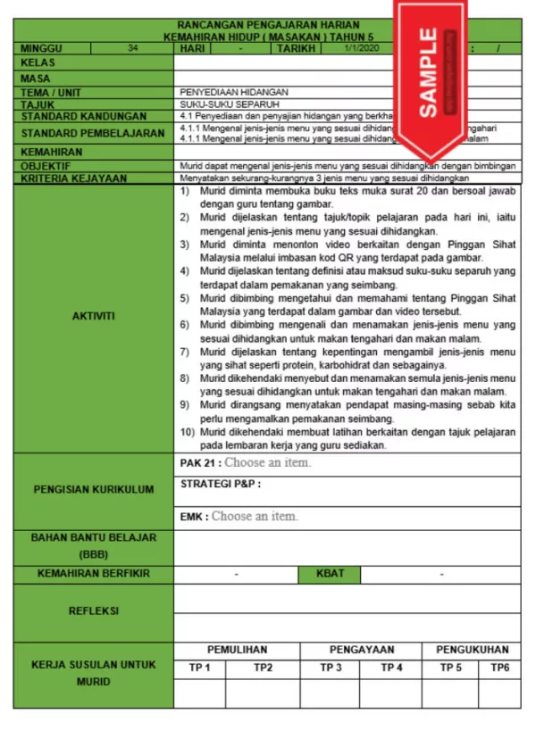 RPH dan RPT PPKI Kemahiran Hidup Masakan Tahun 5 TS25