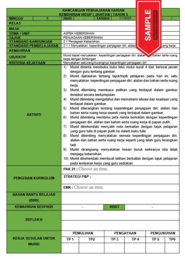 RPH dan RPT PPKI Kemahiran Hidup Jahitan Tahun 5 TS25