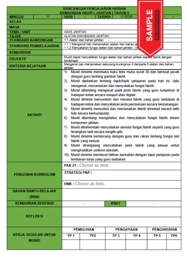 RPH dan RPT PPKI Kemahiran Hidup Jahitan Tahun 5 TS25