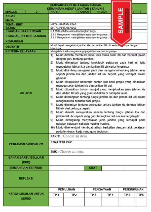 RPH dan RPT PPKI Kemahiran Hidup Jahitan Tahun 5 TS25