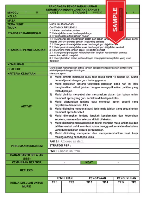 RPH dan RPT PPKI Kemahiran Hidup Jahitan Tahun 5 TS25