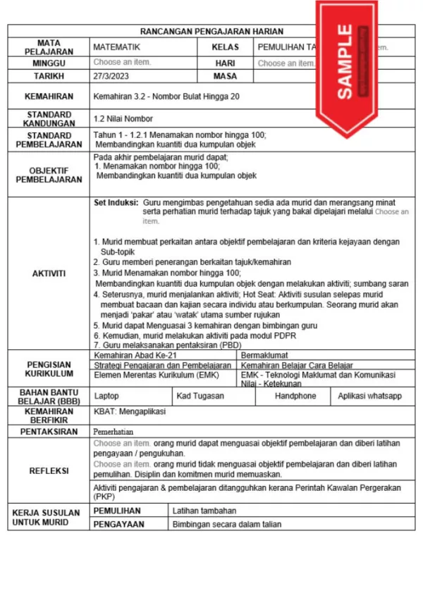 RPH Pemulihan Matematik Tahun 1