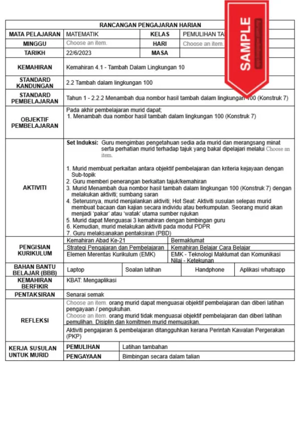 RPH Pemulihan Matematik Tahun 1