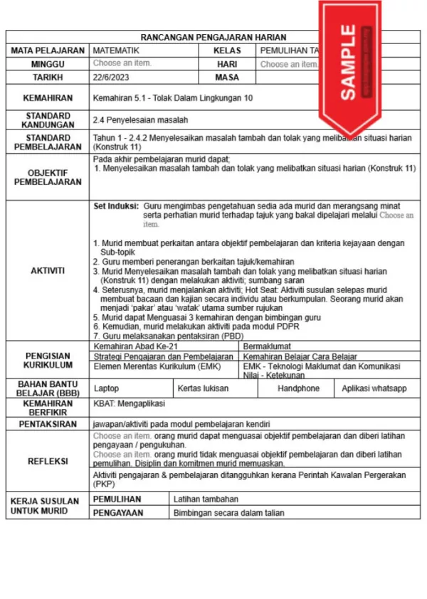 RPH Pemulihan Matematik Tahun 1