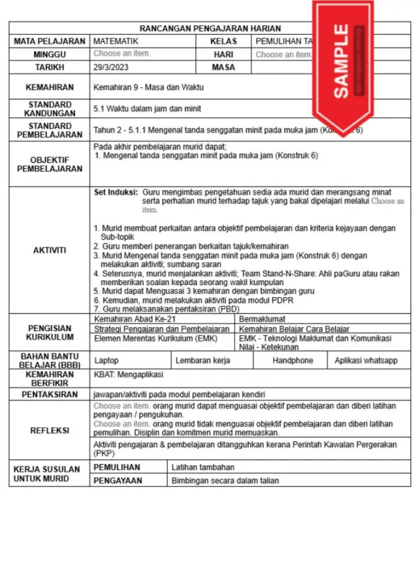 RPH Matematik Tahun 2 Pemulihan