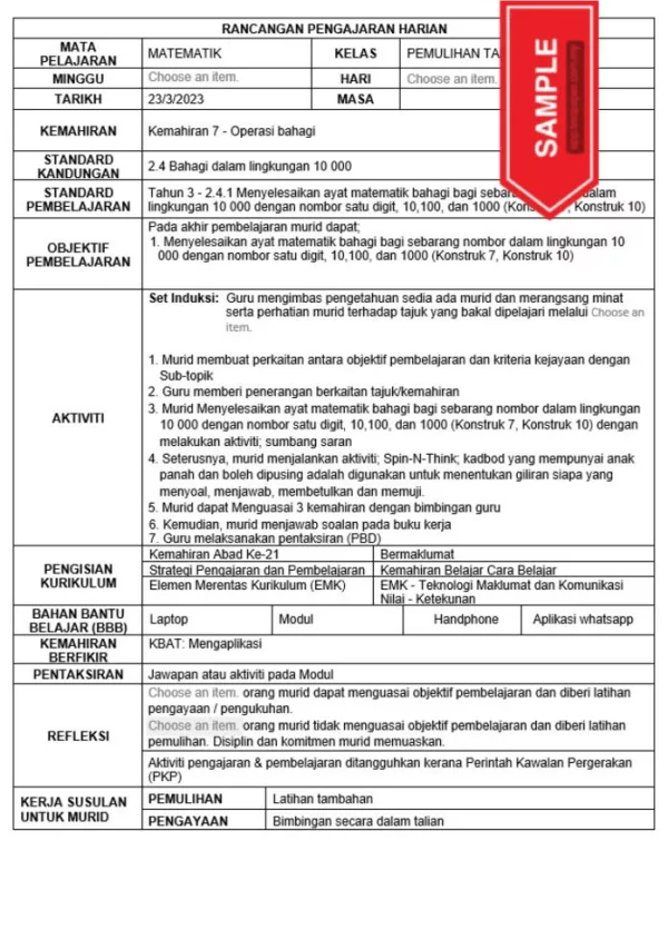 RPH Matematik Tahun 3 Pemulihan