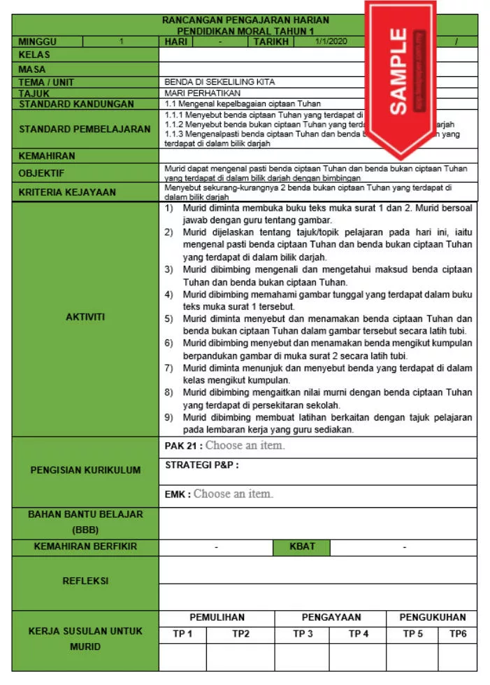 RPH dan RPT PPKI Pendidikan Moral Tahun 1 TS25