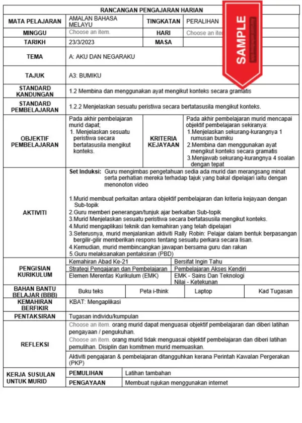 RPH Amalan Bahasa Melayu Peralihan Tingkatan 1 KSKP