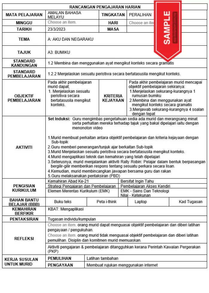 RPH Amalan Bahasa Melayu Peralihan Tingkatan 1 KSKP