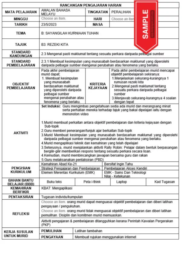 RPH Amalan Bahasa Melayu Peralihan Tingkatan 1 KSKP