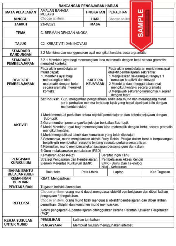 RPH Amalan Bahasa Melayu Peralihan Tingkatan 1 KSKP