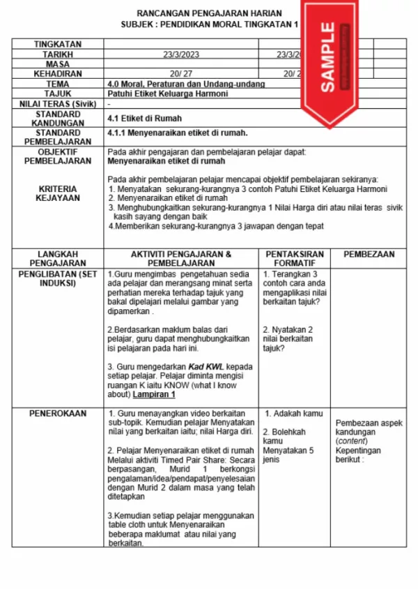 RPH Pendidikan Moral Tingkatan 1 MRSM