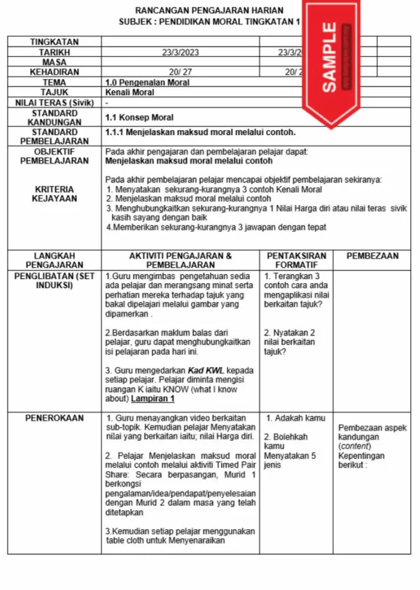 RPH Pendidikan Moral Tingkatan 1 MRSM