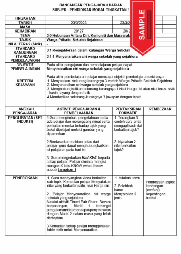 RPH Pendidikan Moral Tingkatan 1 MRSM