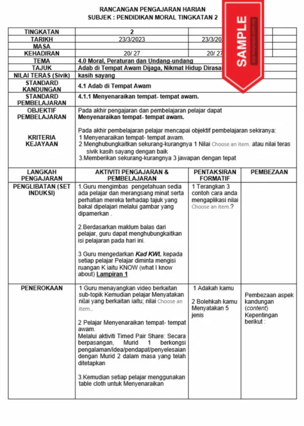 RPH Pendidikan Moral Tingkatan 2 MRSM