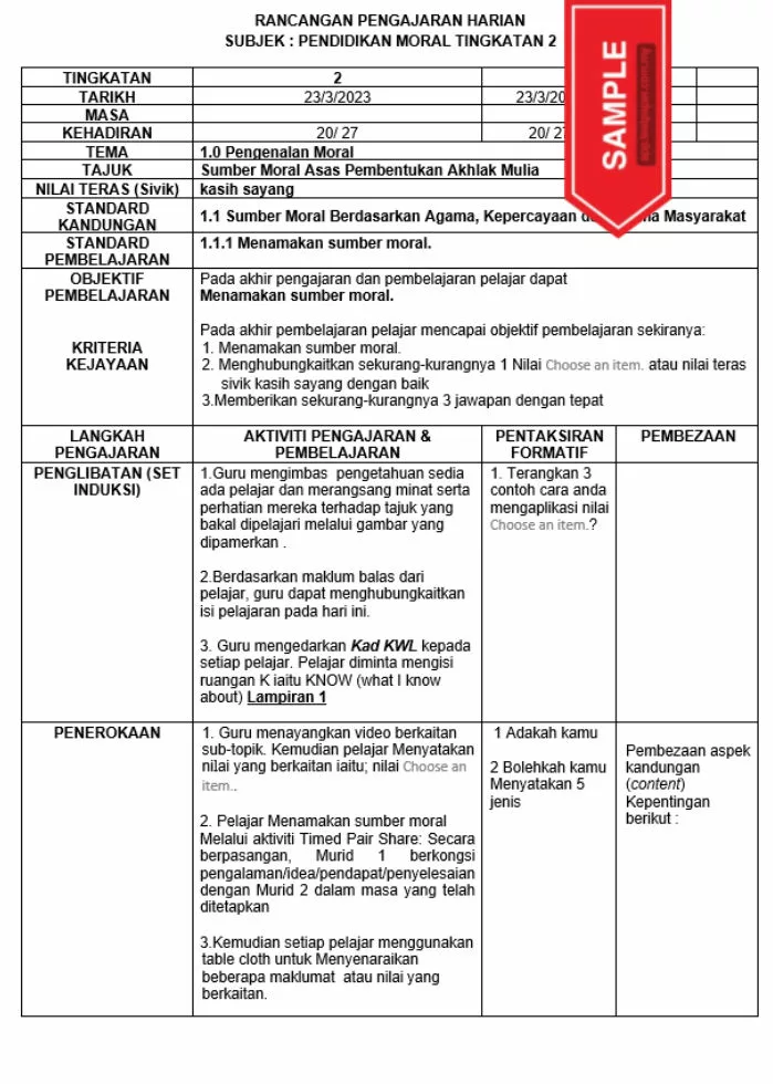 RPH Pendidikan Moral Tingkatan 2 MRSM