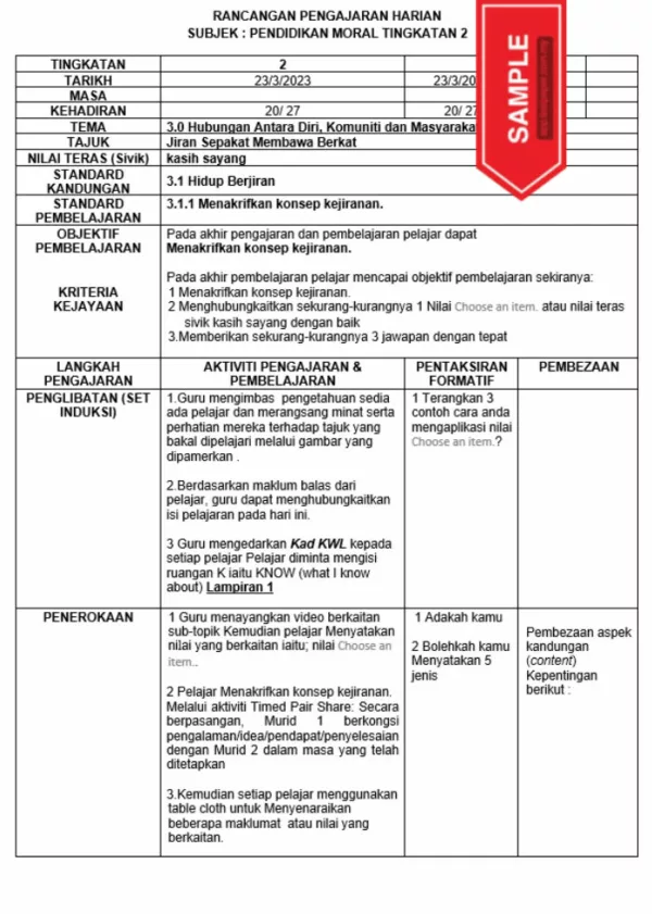 RPH Pendidikan Moral Tingkatan 2 MRSM