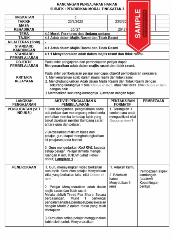 RPH Pendidikan Moral Tingkatan 3 MRSM