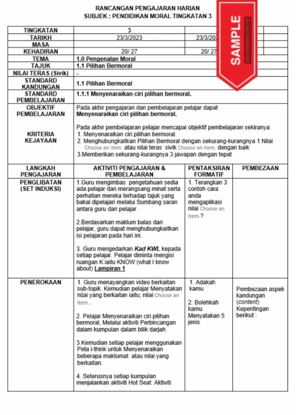 RPH Pendidikan Moral Tingkatan 3 MRSM