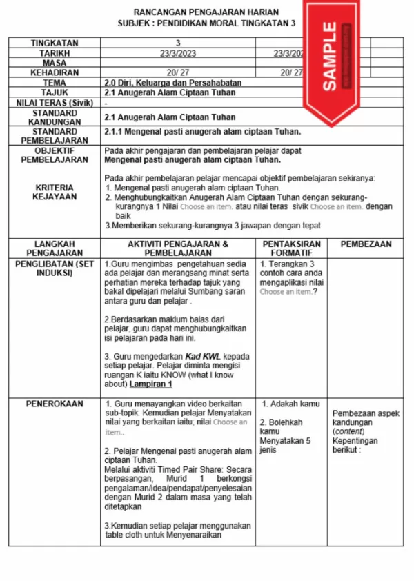 RPH Pendidikan Moral Tingkatan 3 MRSM