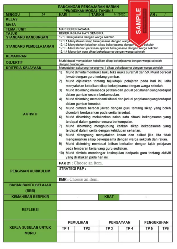 RPH dan RPT PPKI Pendidikan Moral Tahun 3 TS25