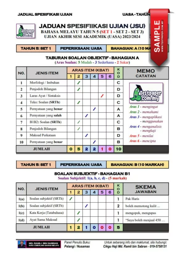 Ujian UASA dan UPSA Bahasa Melayu Tahun 5 2023-2024