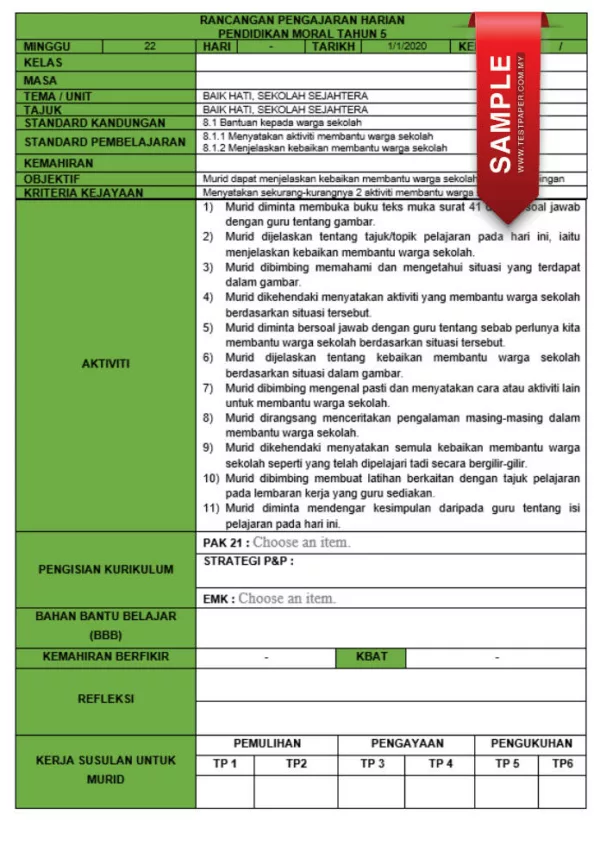 RPH dan RPT PPKI Pendidikan Moral Tahun 5 TS25