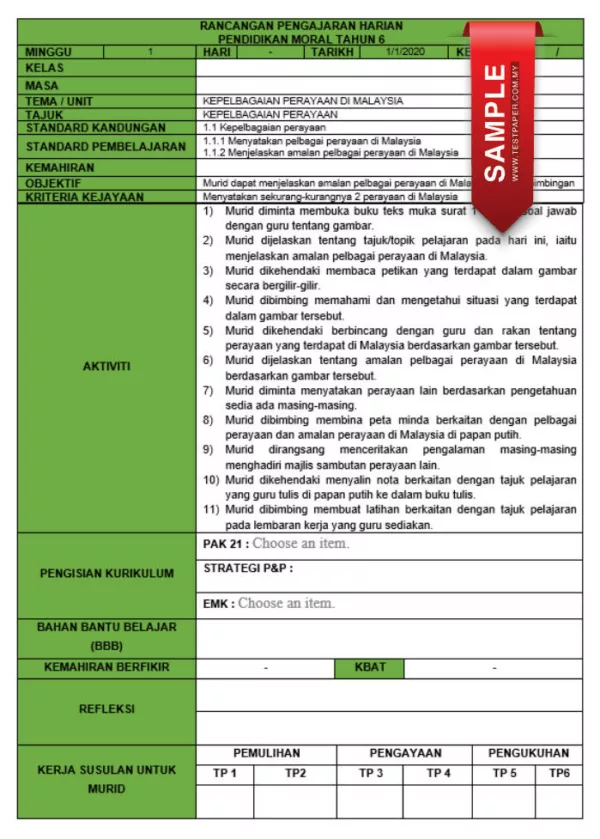 RPH dan RPT PPKI Pendidikan Moral Tahun 6 TS25