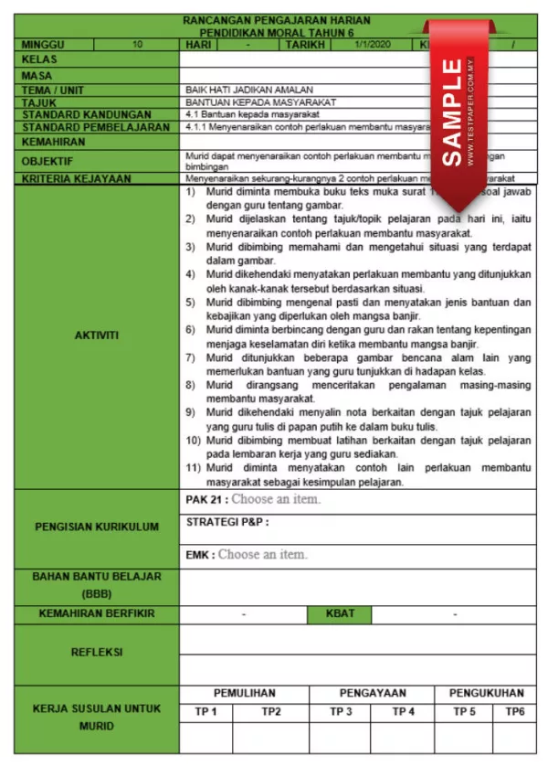 RPH dan RPT PPKI Pendidikan Moral Tahun 6 TS25