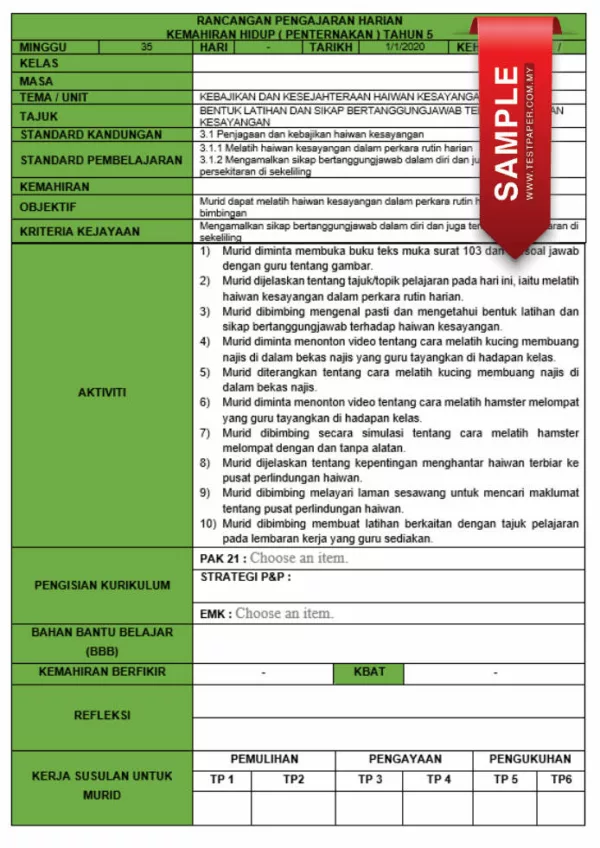 RPH dan RPT PPKI Kemahiran Hidup Penternakan Tahun 5 TS25