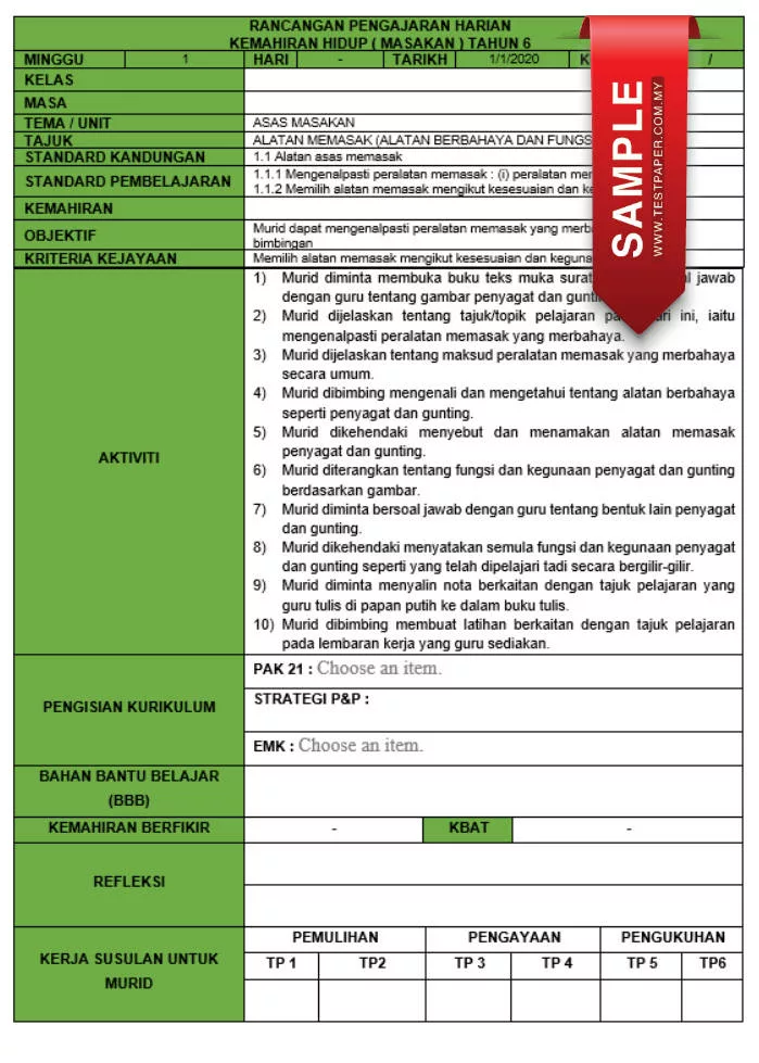 RPH dan RPT PPKI Kemahiran Hidup Masakan Tahun 6 TS25