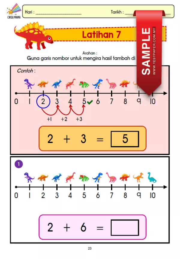 BBM Lembaran Kerja Matematik Tambah Tema Dinosaur