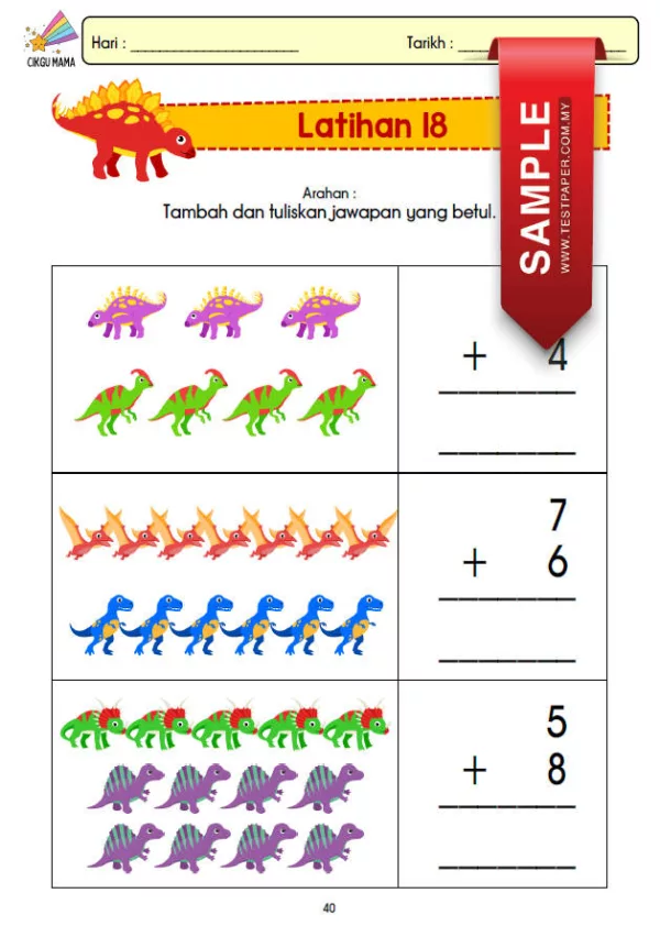 BBM Lembaran Kerja Matematik Tambah Tema Dinosaur