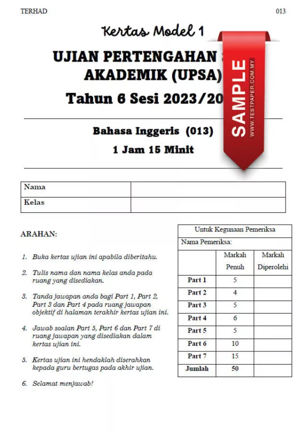 Soalan Ujian UPSA Bahasa Inggeris Bab 1 Tahun 6