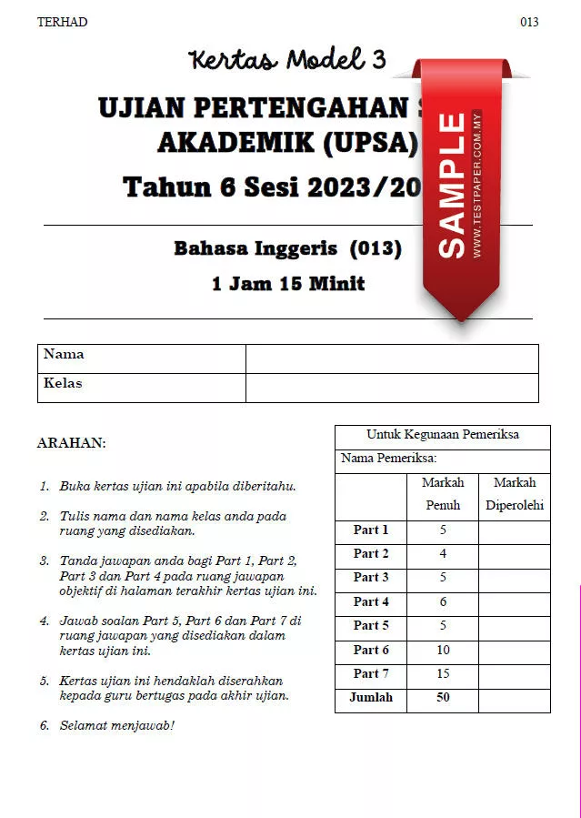 Soalan Ujian UPSA Bahasa Inggeris Bab 3 Tahun 6