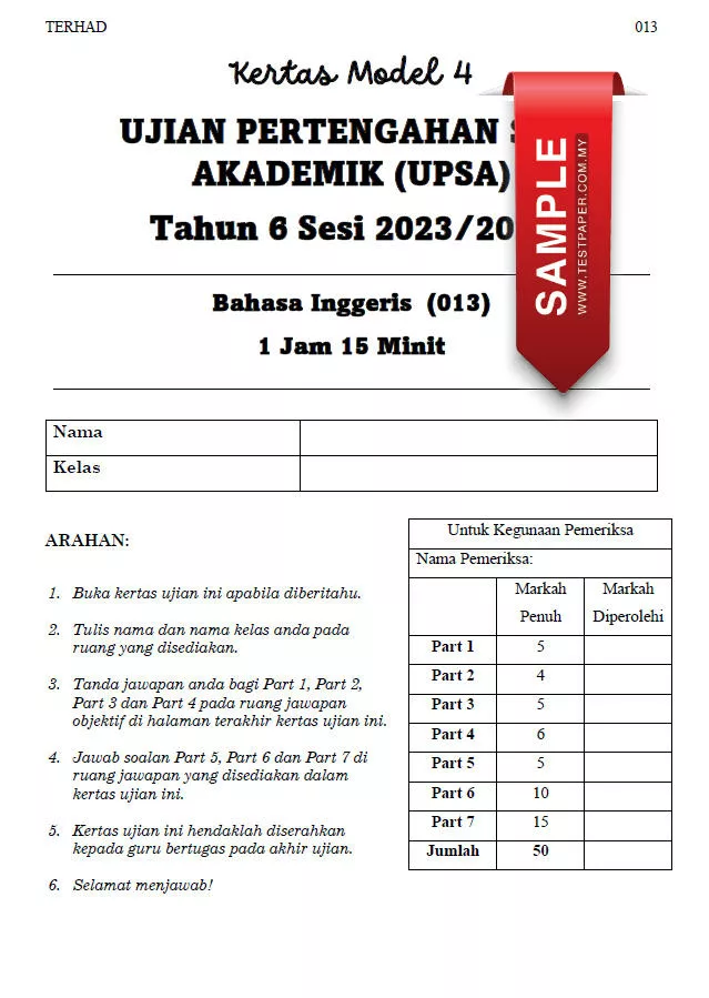 Soalan Ujian UPSA Bahasa Inggeris Bab 4 Tahun 6