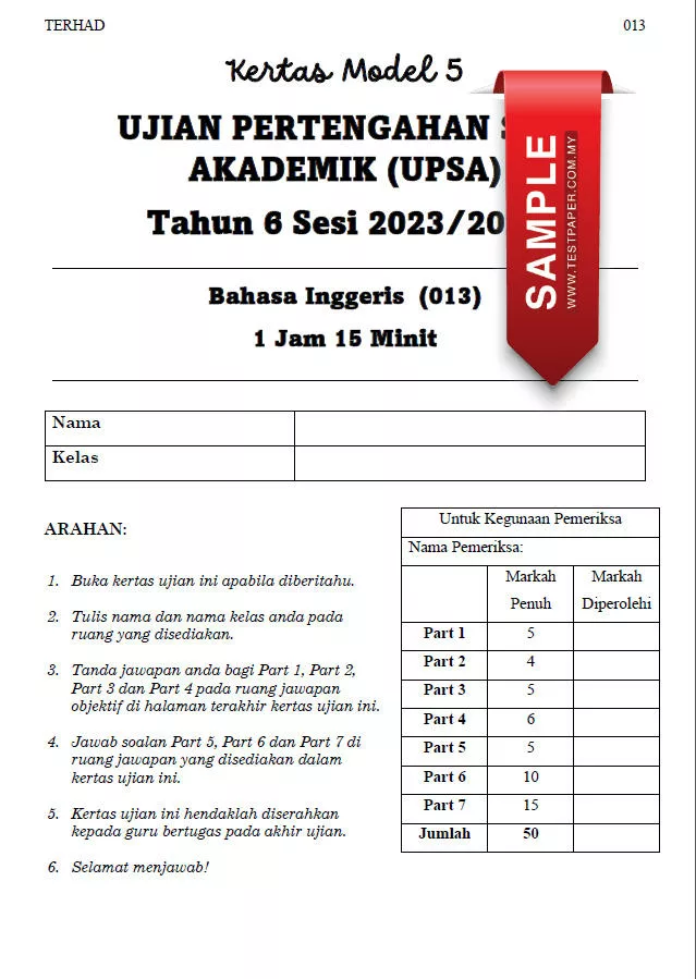 Soalan Ujian UPSA Bahasa Inggeris Bab 5 Tahun 6