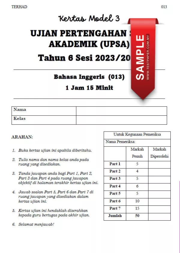 Soalan Ujian Pertengahan Bahasa Inggeris Tahun 6 2023