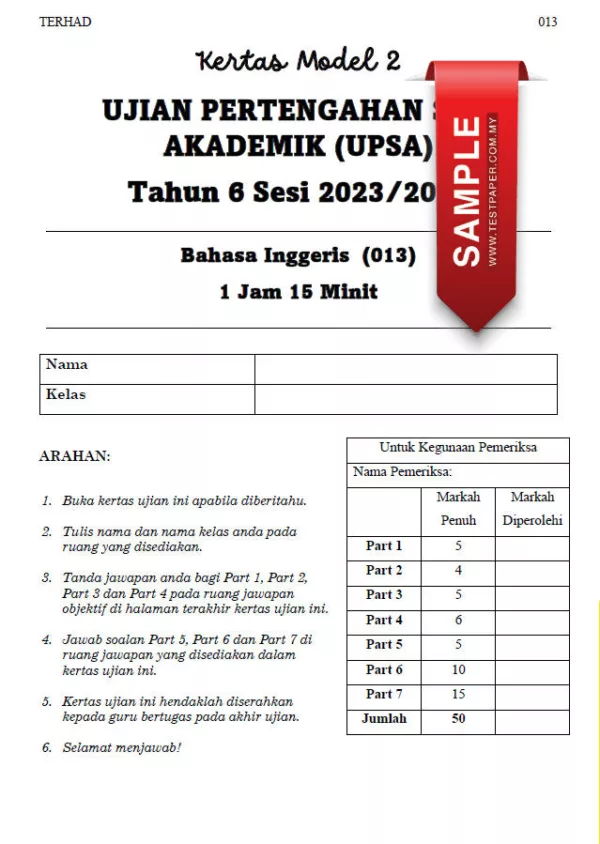 Soalan Ujian Pertengahan Bahasa Inggeris Tahun 6 2023