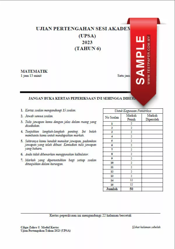 Soalan Ujian Pertengahan Tahun Matematik Tahun 6 2023