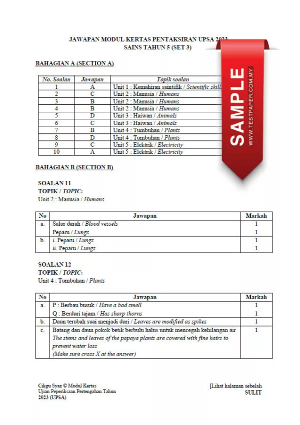 Soalan Ujian Pertengahan Tahun Sains Tahun 5 2023