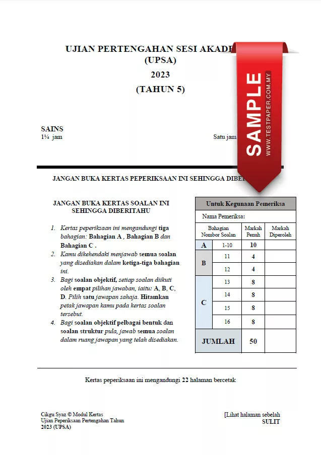 Soalan Ujian Pertengahan Tahun Sains Tahun 5 2023