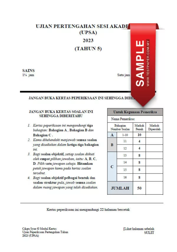 Soalan Ujian Pertengahan Tahun Sains Tahun 5 2023