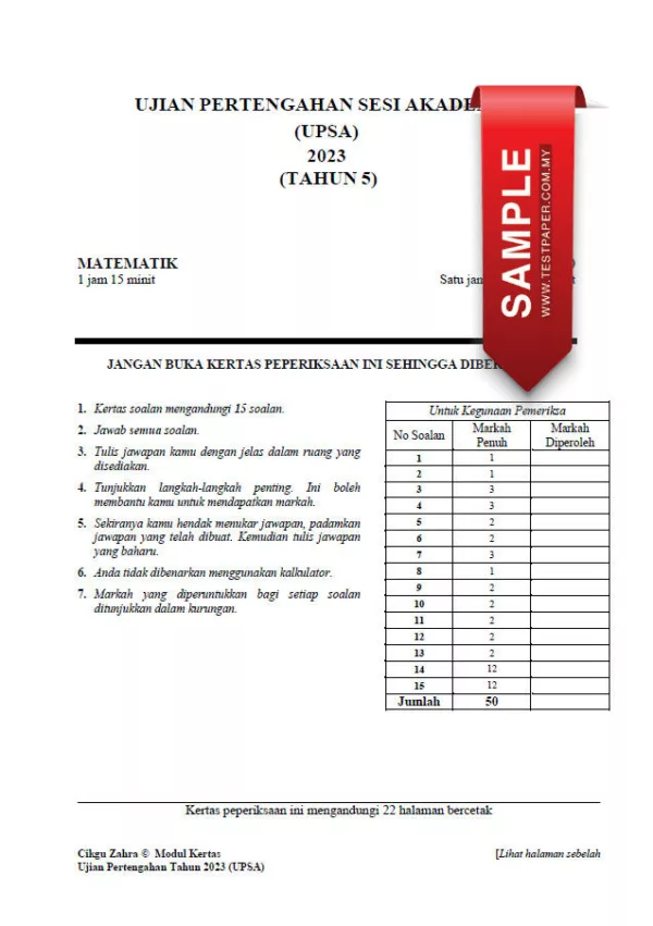 Soalan Ujian Pertengahan Tahun Matematik Tahun 5 2023