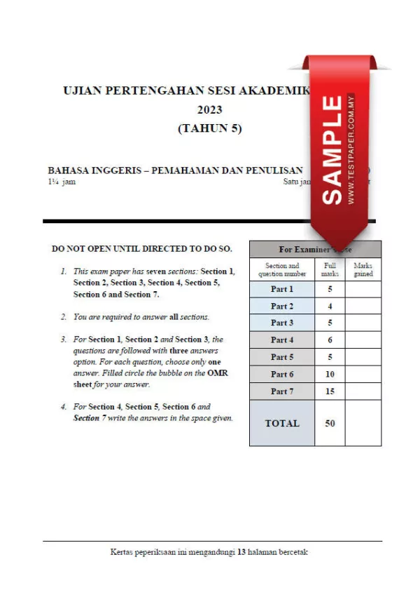 Soalan Ujian Pertengahan Tahun 5 2023-2024