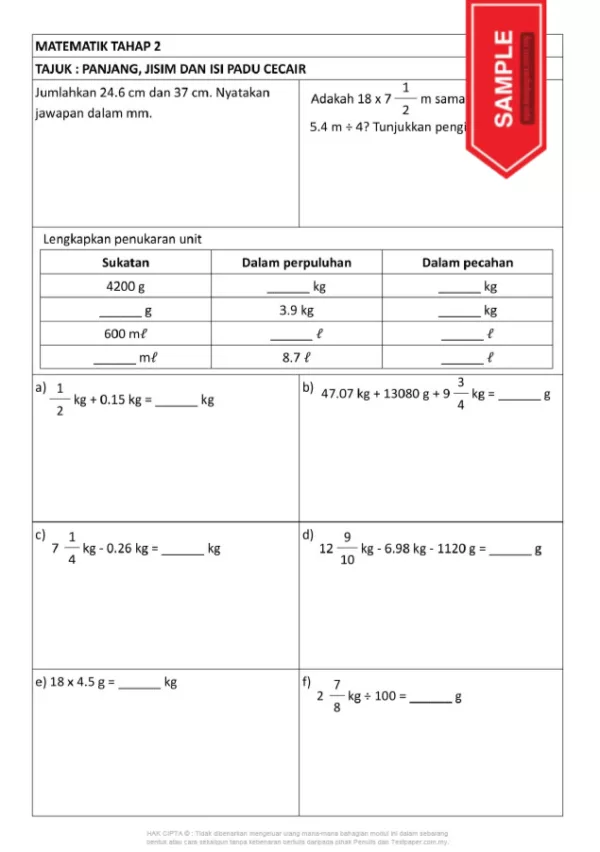 Download Latih Tubi Matematik Bab Panjang Jisim dan Isipadu Cecair Tahap 2 yang Quality